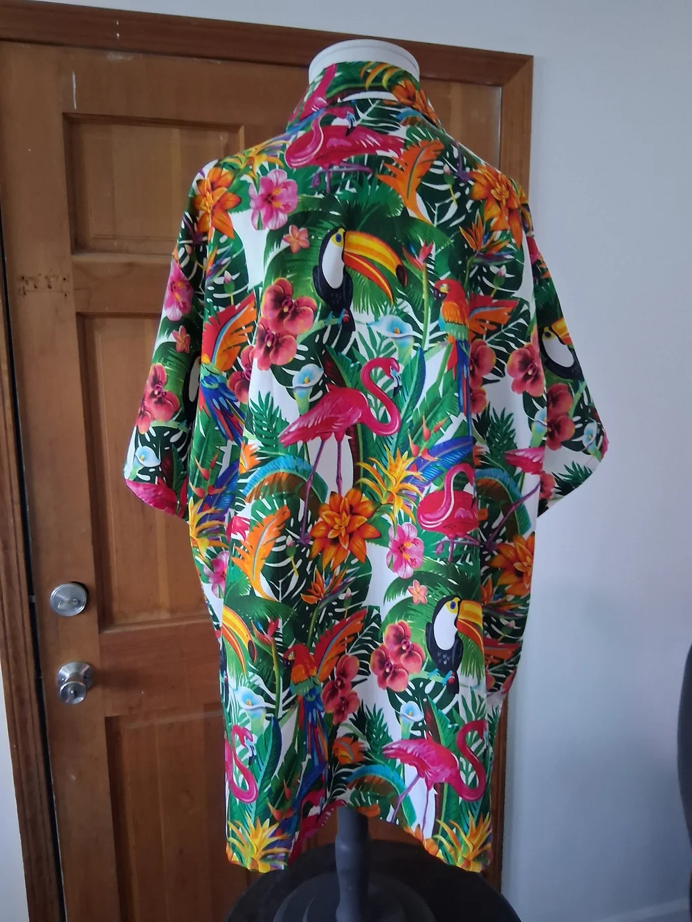 Tropical Birds Hawaiian Shirt with Pink Flamingos & Green Foliage